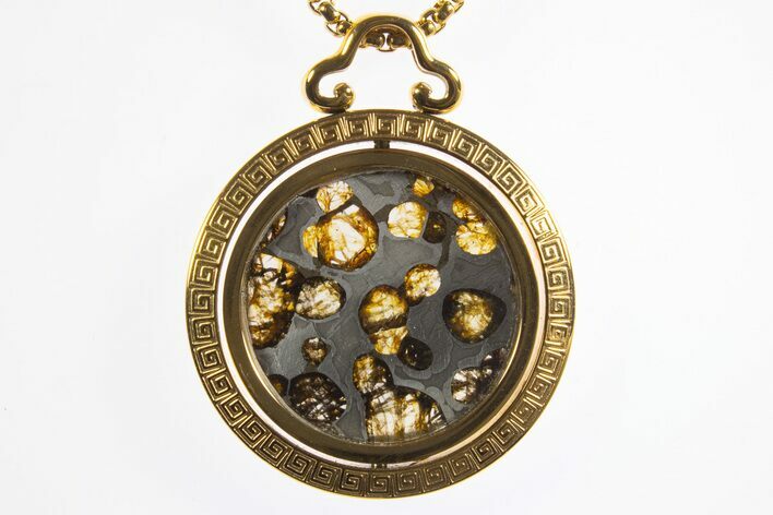 Sericho Pallasite Meteorite Pendant In Gold Rotating Frame #328659